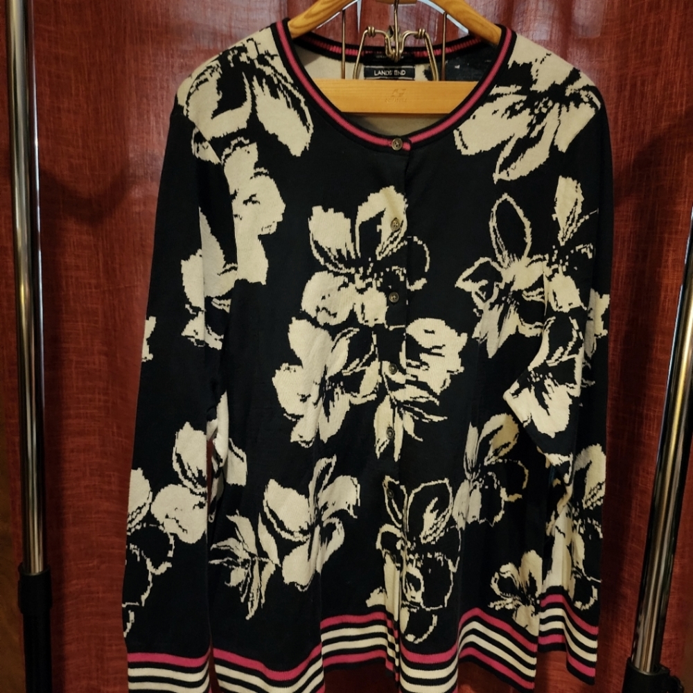 Woman's Lands End Navy White Pink Cardigan sweater 3x (24w-26w)